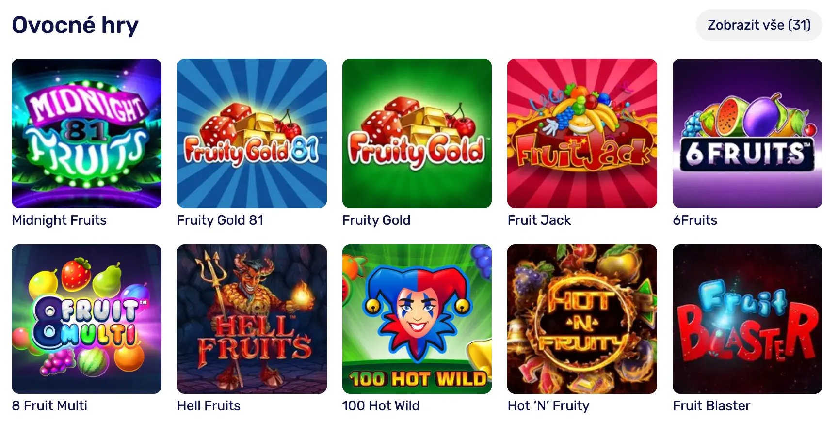 Sekce „Ovocné hry“ na Forbes Casino s náhledy automatů: Midnight Fruits, Fruity Gold 81, Fruity Gold, Fruit Jack, 6Fruits, 8 Fruit Multi, Hell Fruits, 100 Hot Wild, Hot ’N’ Fruity a Fruit Blaster.
